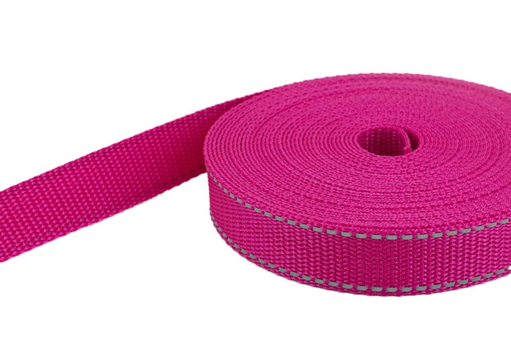 10m PP Gurtband - 25mm breit - 1,4mm stark - Pink mit Reflektorstreifen (UV ).