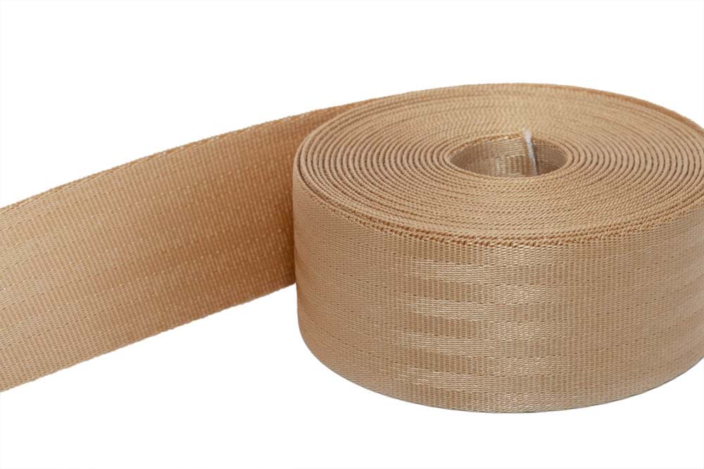 50m Sicherheitsgurtband beige aus Polyamid, 48mm breit, bis 2t belastbar.