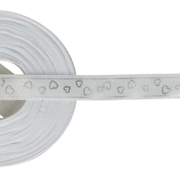 Bild von 27m Rolle - Band aus Polyester - 15mm breit - weiß mit silbernen Herzen