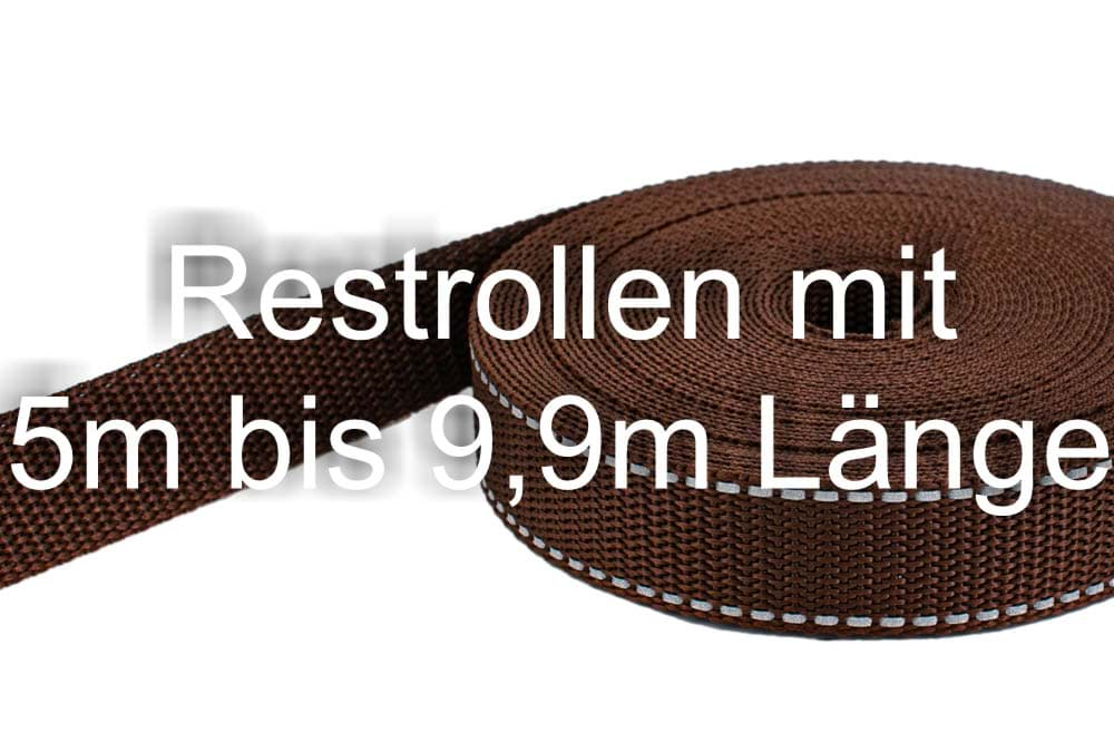 Bild von Restpostenbox 25mm breites PP-Gurtband 1,4mm stark, 25m - braun mit Reflektorstreifen (UV)