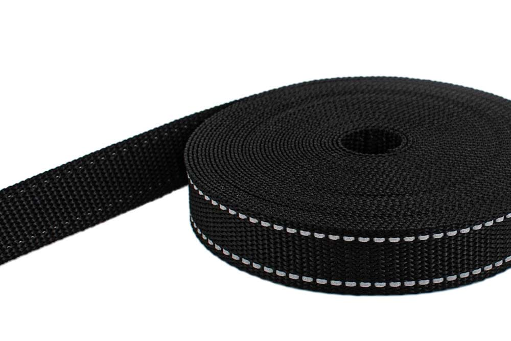 Bild von 50m PP Gurtband - 25mm breit - 1,4mm stark - Schwarz mit Reflektorstreifen (UV)